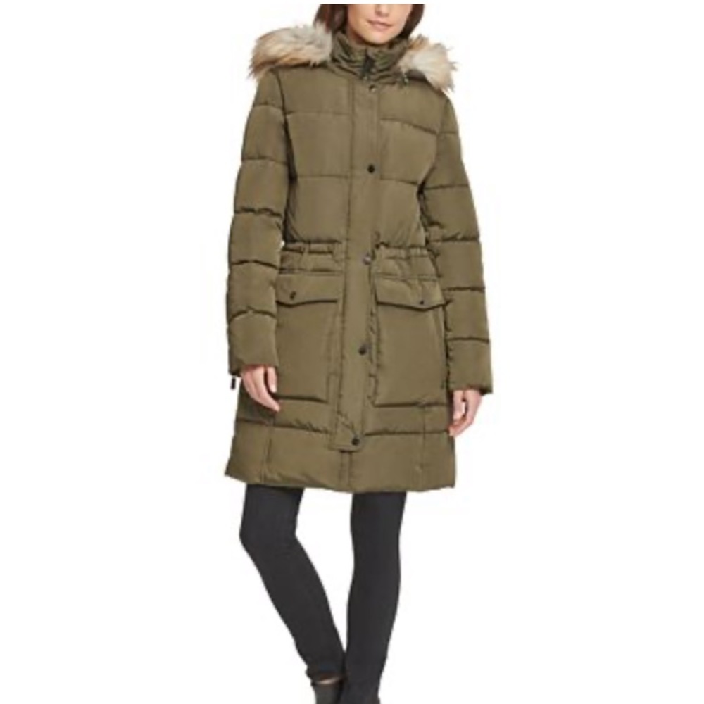 DKNY Petite Faux-Fur-Trim Hooded Anorak Down Coat